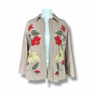 Hearts of Palm Women's Sz 10 Beige Floral Embroidered Hidden Button Jacket Boho